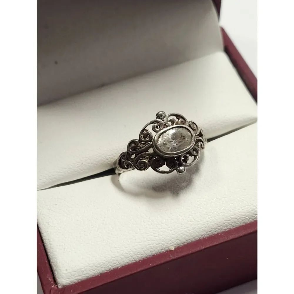 Vintage Sterling Silver NF 925 Ring with Clear Oval Glass Stone Size 7